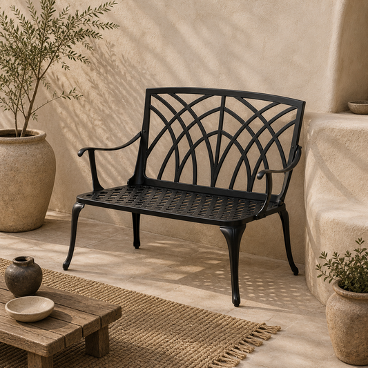 Elsu 2 Seater Outdoor Garden Bench Black Cast Aluminium Antique Finish