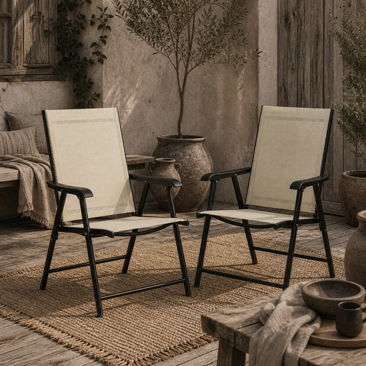 Lizzetto Set Of 2 Black Metal and Beige Mesh Folding Garden Chairs