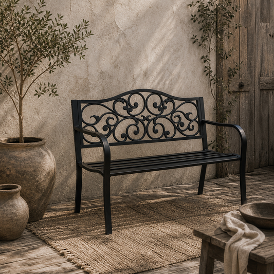 Faneso Metal Black Garden Bench With Floral Backrest And Armrests