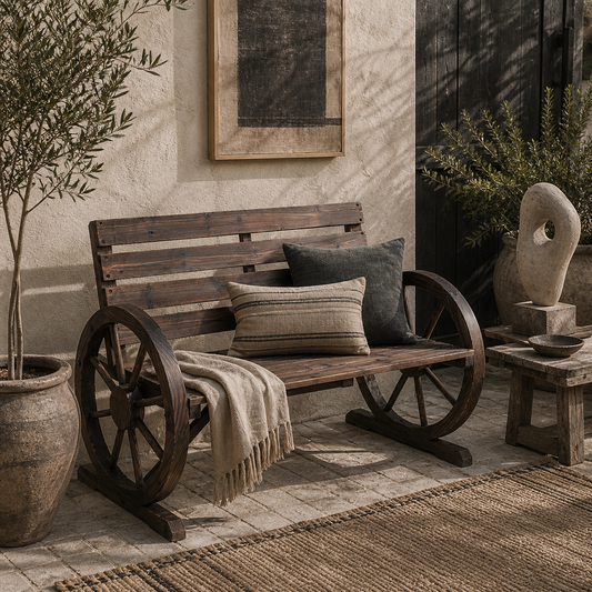 Linifi Wood Brown Rustic 2 Seater Garden Bench With Wagon Wheel Arms And High Back