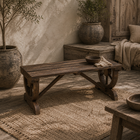 Vini Wood Brown Rustic Garden Bench With Wagon Wheel Legs And Slatted Seat For 2