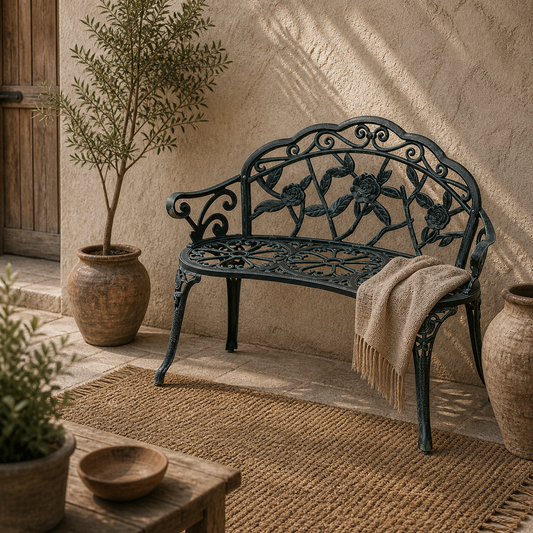 Rakeba Cast Aluminium Antique Green 2 Seater Garden Bench With Floral Backrest