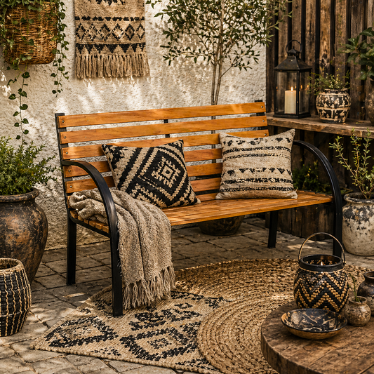 Nifalo 122cm Steel And Natural Slatted Wood Outdoor Garden Bench
