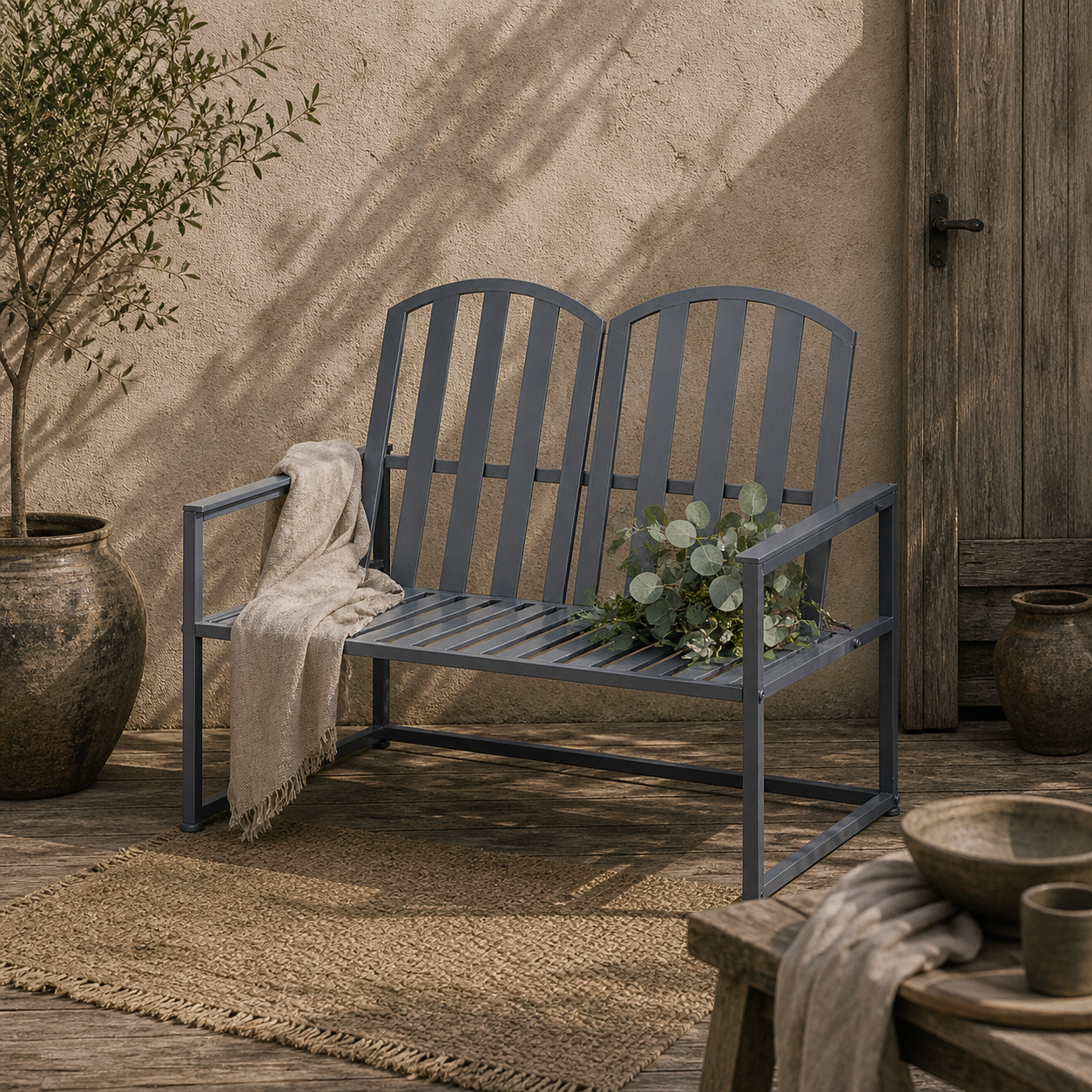 Yoraha Steel Grey Outdoor Garden Bench Loveseat With Slatted Seat Design