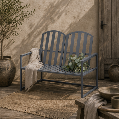 Yoraha Steel Grey Outdoor Garden Bench Loveseat With Slatted Seat Design