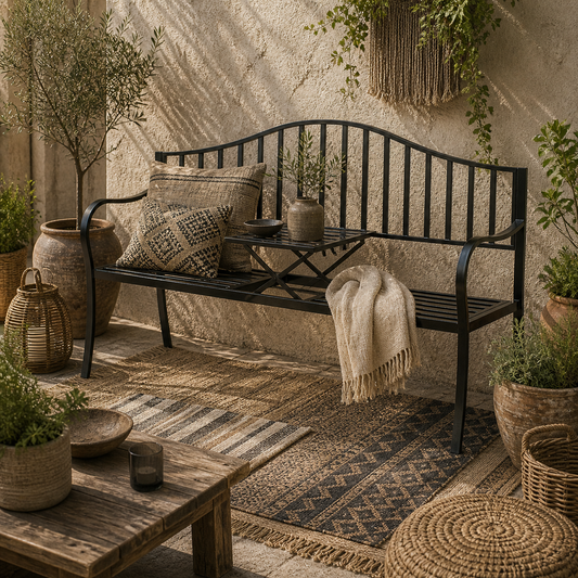Metal Black Garden Bench With Integrated Side Table 150 cm
