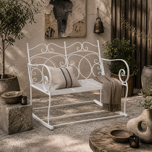 Yomino Steel White 2 Seater Outdoor Rocking Garden Bench With Decorative Backrest