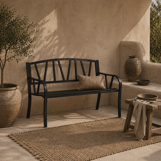 Lenasu Metal Black 2 Seater Garden Bench With Decorative Backrest And Armrests