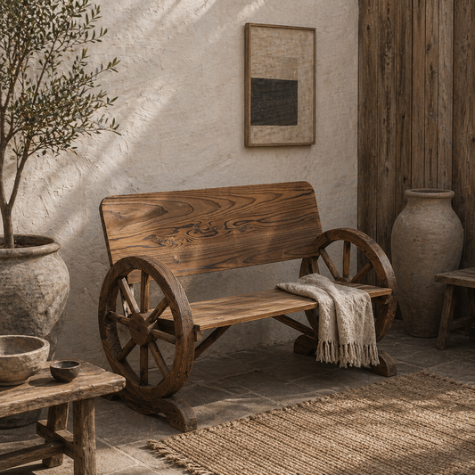 Livika Fir Wood Natural 2 Seater Garden Bench With Wagon Wheel Design