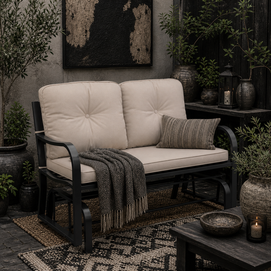 Yorota Metal And Fabric Cream 2 Outdoor Glider Bench With Cushions And Armrests
