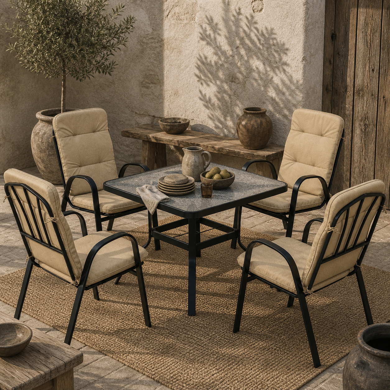 Sukeco Luve 4 Seater Cream Outdoor Square Garden Dining Set with Tempered Glass with Umbrella Hole