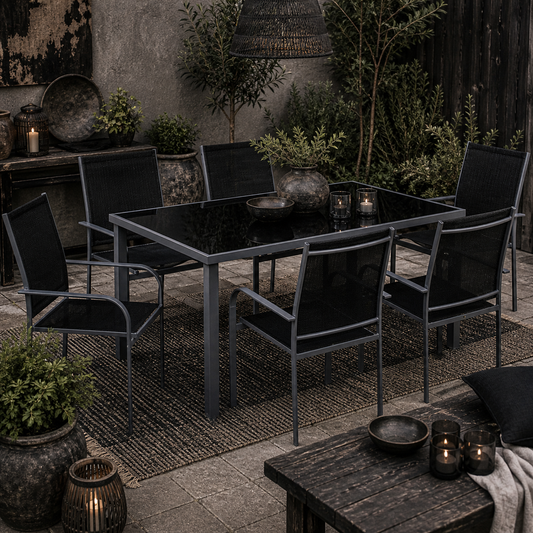 Fivedi 6 Seater Outdoor Garden Dining Set Tempered Glass Top Table and Stackable Mesh Chairs