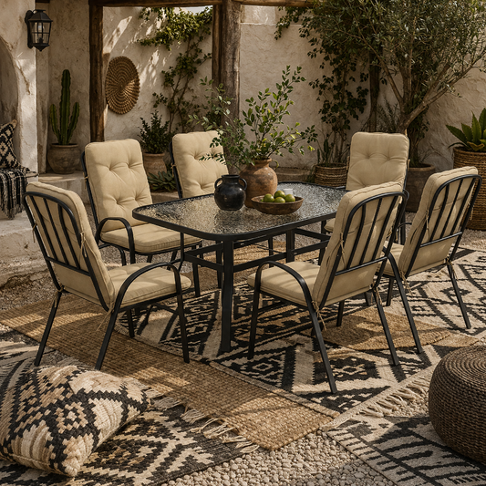 Seriva 6 Seater Cream Garden Dining Set with Black Metal Frame