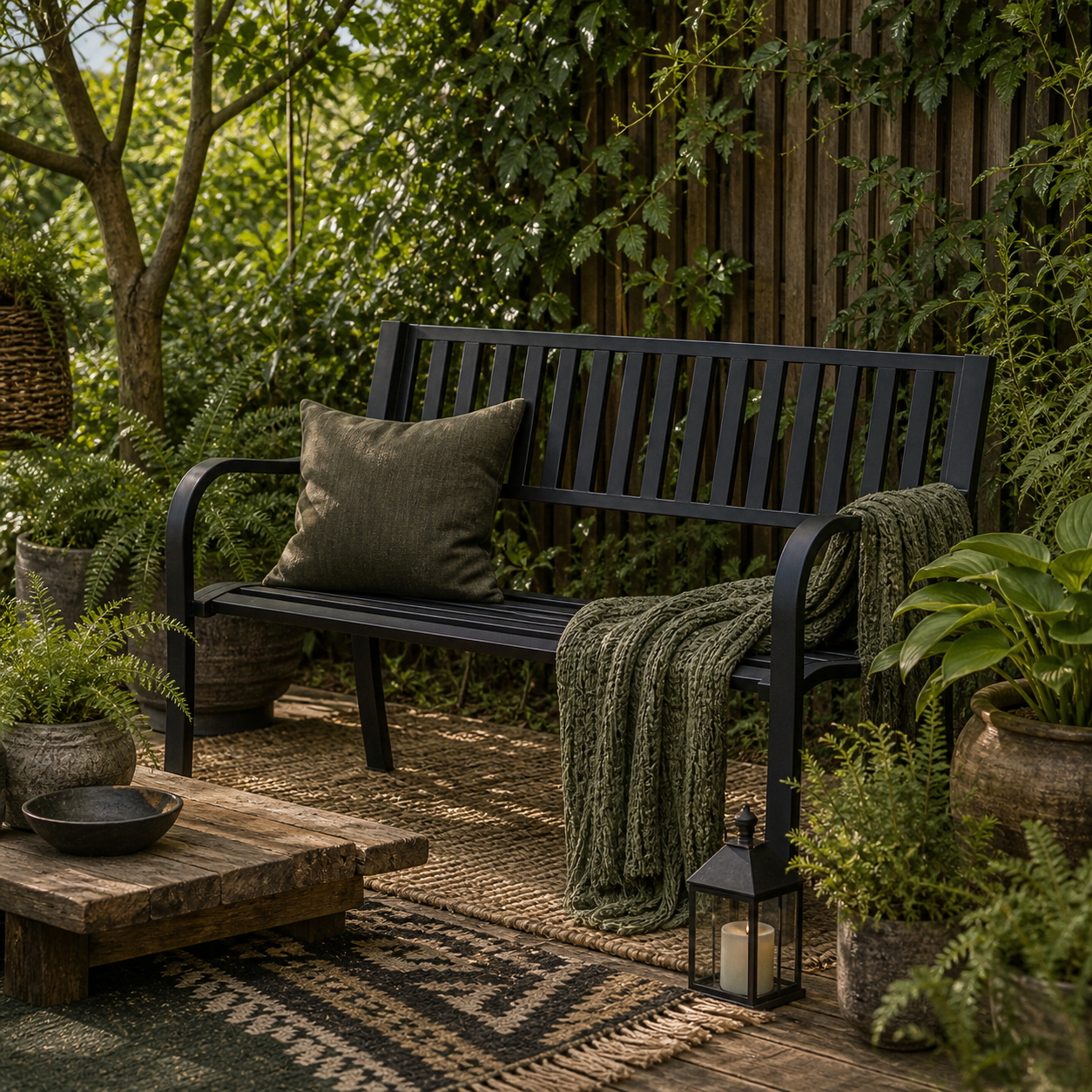 Dosu Metal Black Outdoor Garden Bench Loveseat With Slatted Frame