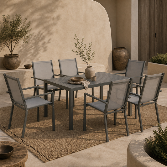 Lani 6 Seater Light  Grey Mesh Garden Dining Set With Rectangular Table