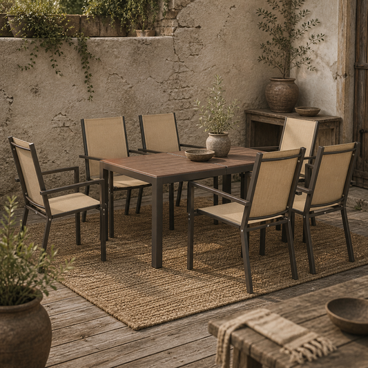 Basoli 6 Seater Cream Garden Dining Set With Brown Rectangular Table