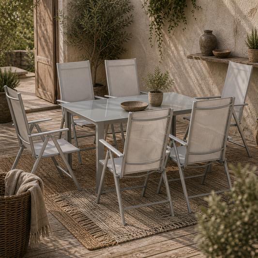 Pasano 6 Seater Light Grey Garden Dining Set Outdoor Tempered Glass Top Table and Folding Mesh Chairs