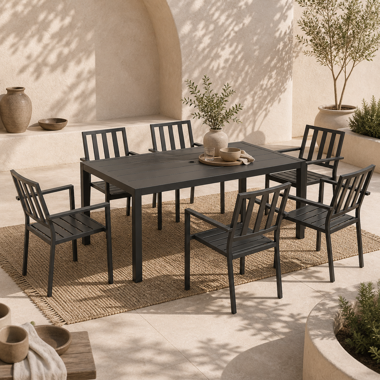 Tatare 6 Seater Metal Black Garden Dining Set With Parasol Hole