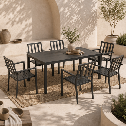 Tatare 6 Seater Metal Black Garden Dining Set With Parasol Hole