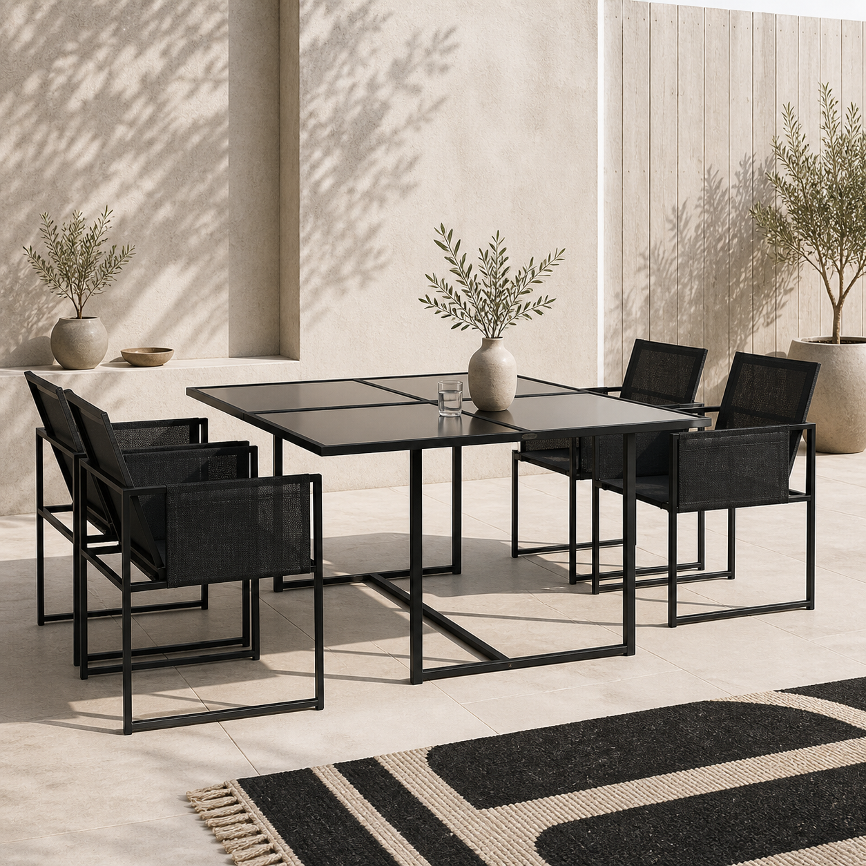 Bamico 4 Seater Metal Black Garden Dining Set With Mesh Seats And Glass Table