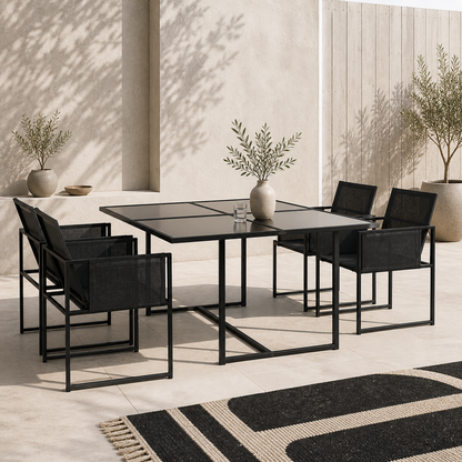 Bamico 4 Seater Metal Black Garden Dining Set With Mesh Seats And Glass Table