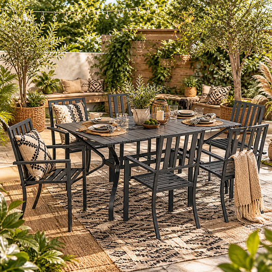 Suri Metal Black 6 Seater Outdoor Dining Table And Chairs Set With Parasol Hole