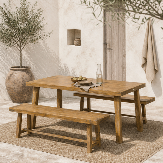 Mofi Acacia Wood Natural 3 Piece Picnic Bench Set With Table And 2 Benches