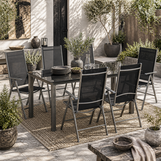 Lule 6 Seater Aluminium Black Garden Dining Set With Folding Mesh Chairs And Glass Table