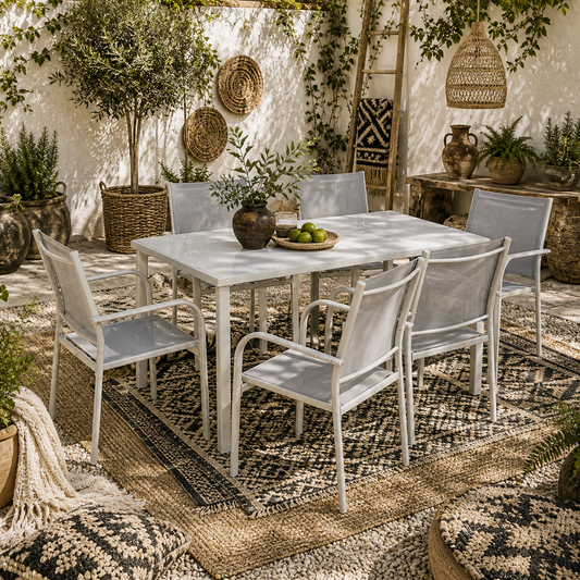 Mayoso 6 Seater Steel White and Grey Garden Dining Set With Glass Top Table And Stackable Chairs