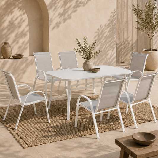 Niseso 6 Seater with White Metal and Light Grey Mesh Outdoor Dining Set