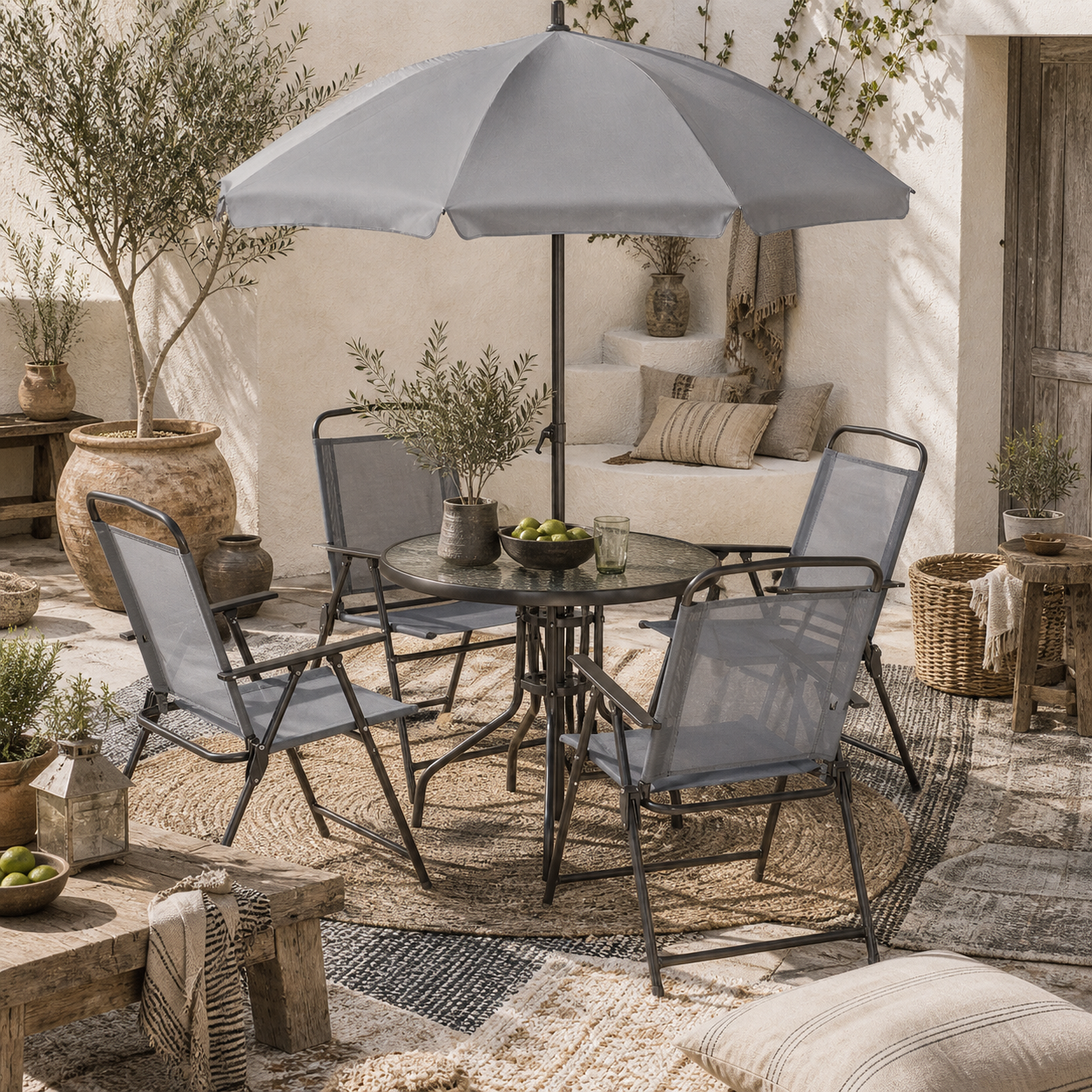 Misotte Metal and Mesh Light Grey 4 Seater Garden Dining Set With Parasol Folding Chairs And Glass Table