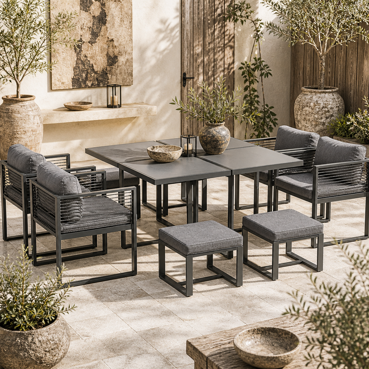 Sekalu Grey 8 Seater Grey Rattan Rope and Aluminium Outdoor Dining Set With Glass Top Table