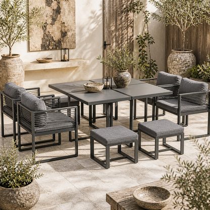Sekalu Grey 8 Seater Grey Rattan Rope and Aluminium Outdoor Dining Set With Glass Top Table