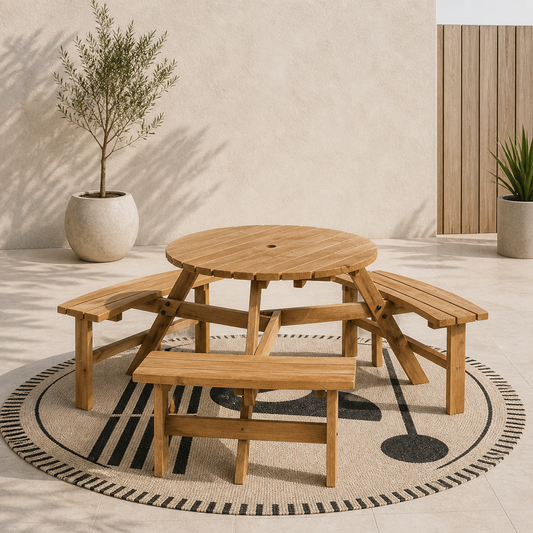 Bare Wood Brown Red 6 Seater Round Picnic Table With 3 Benches And Parasol Hole