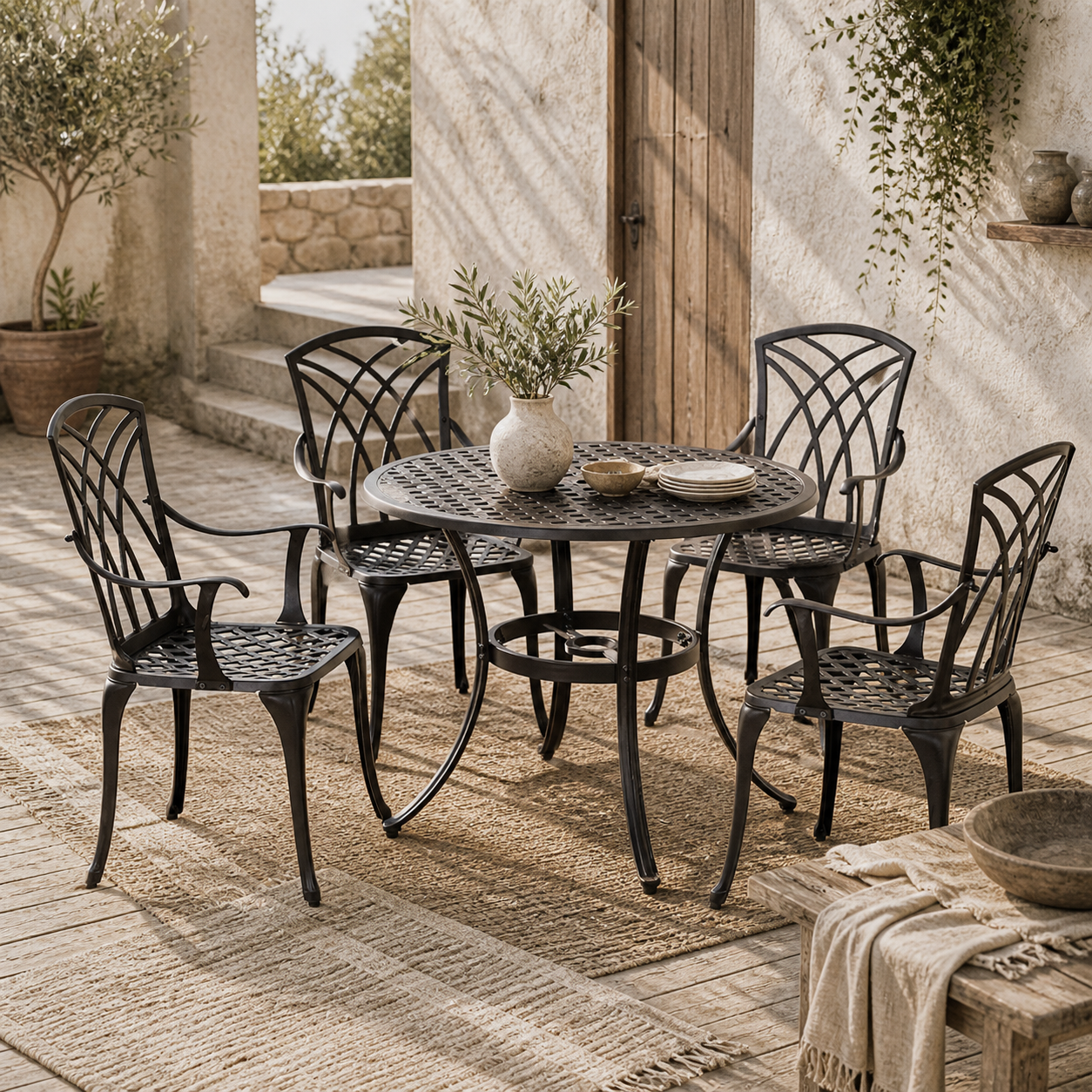 Rohafa Brown Cast Aluminium Brown 4 Seater Garden Dining Set With Armchairs And Round Table