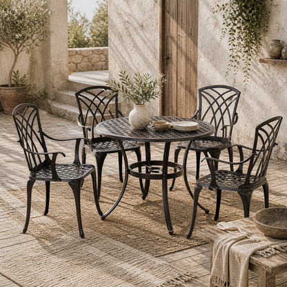 Rohafa Brown Cast Aluminium Brown 4 Seater Garden Dining Set With Armchairs And Round Table