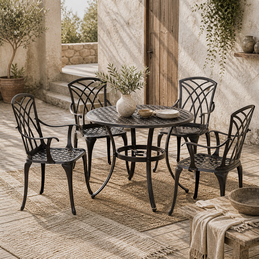 Rohafa Brown Cast Aluminium Brown 4 Seater Garden Dining Set With Armchairs And Round Table