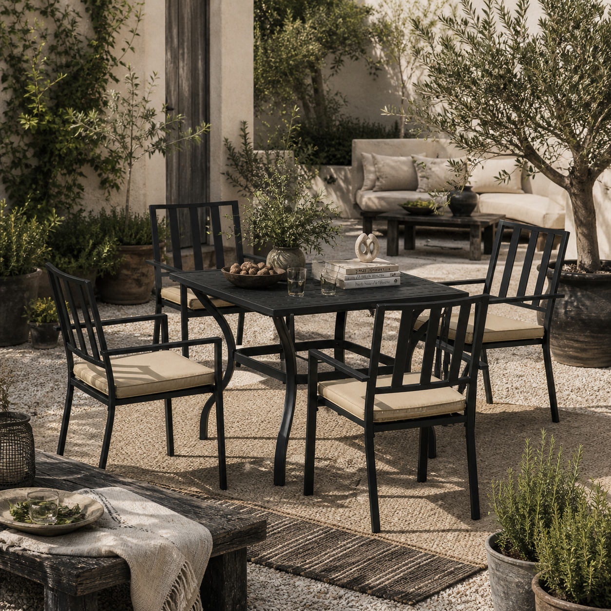 Nonilu Metal Black and Cream 4 Seater Garden Dining Set With Cushions Stackable Chairs and Parasol Hole
