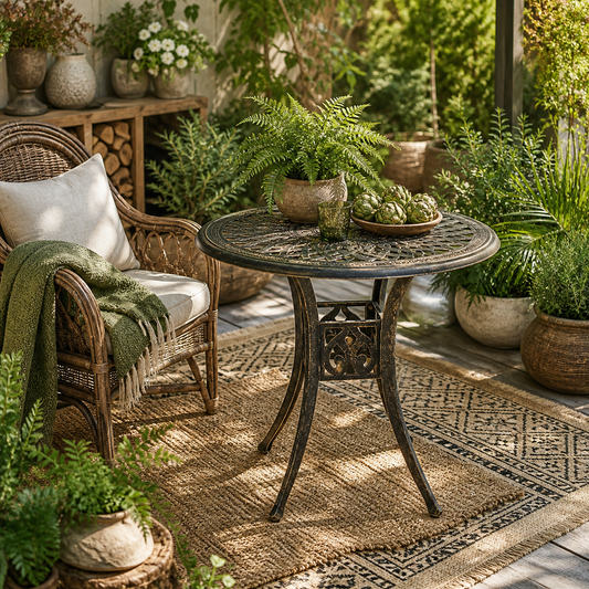 Kenofa Cast Aluminium Bronze Round Garden Dining Table With Parasol Hole