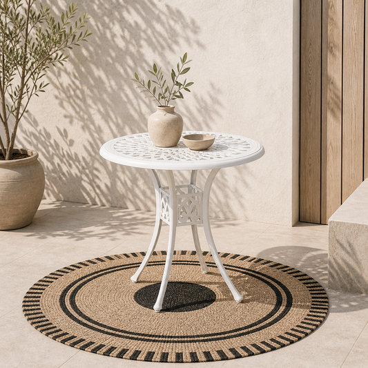 Kenofa Cast Aluminium White Round Garden Dining Table With Parasol Hole