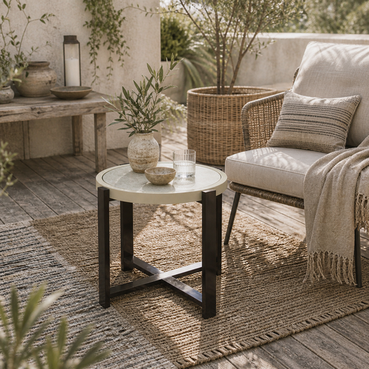 Linado Aluminium Light Grey Round Outdoor Side Table With Marble Effect Glass Top