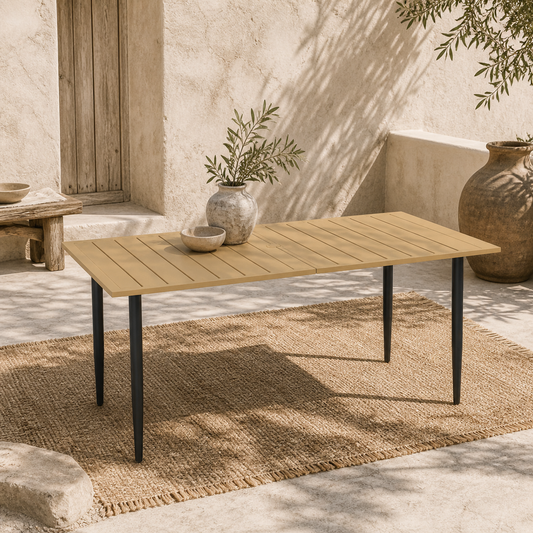 Safafa 150cm Metal Brown Rectangular Garden Dining Table With Slatted Top And Parasol Hole