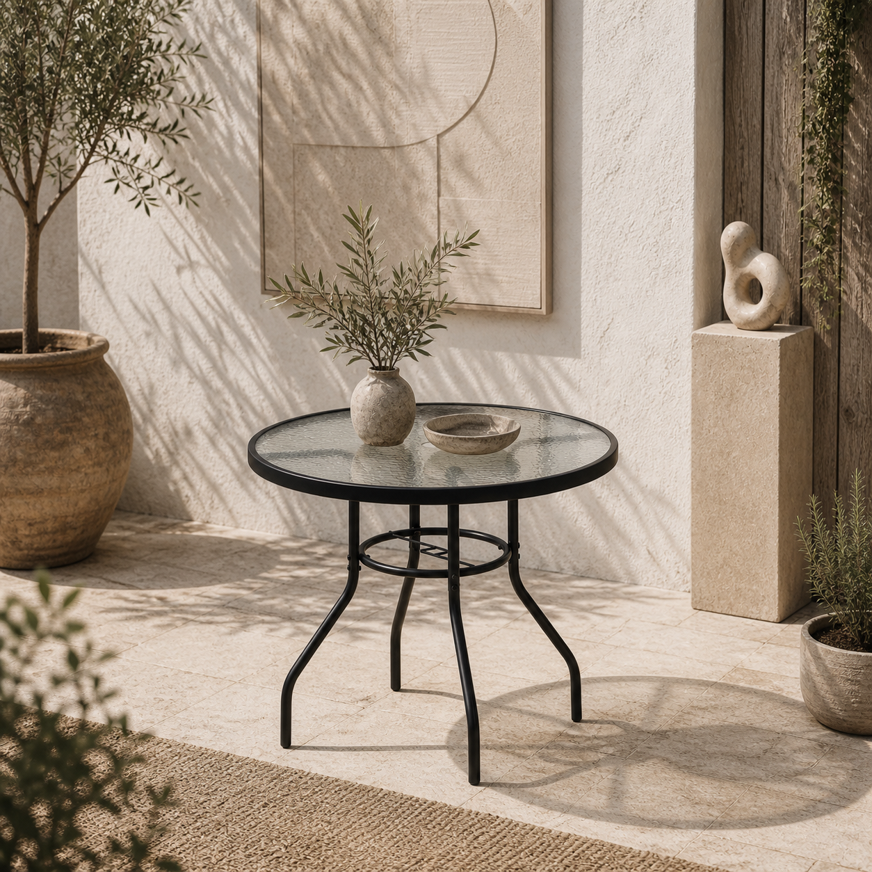 Rekapa Metal Black Glass Top Outdoor Table With Central Parasol Hole
