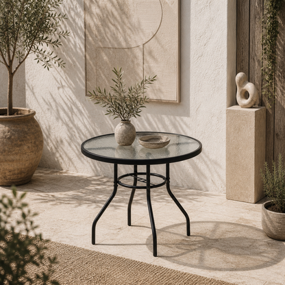 Rekapa Metal Black Glass Top Outdoor Table With Central Parasol Hole