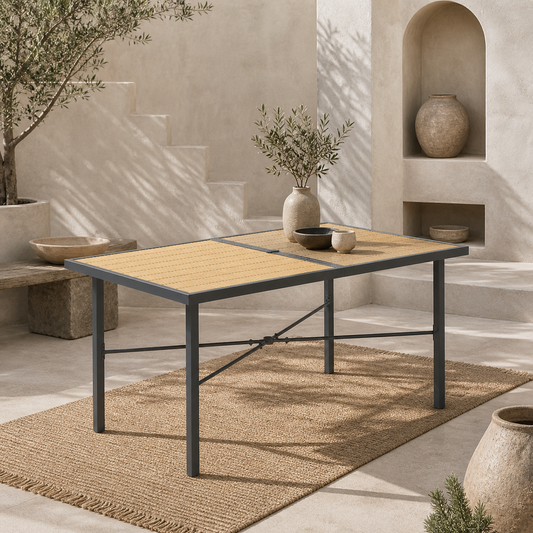 Zirelo Natural Wood Effect Rectangular Garden Dining Table For 6 With Umbrella Hole