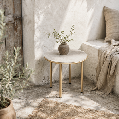 Bake Steel Beige Round Side Table With Faux Marble Glass Top