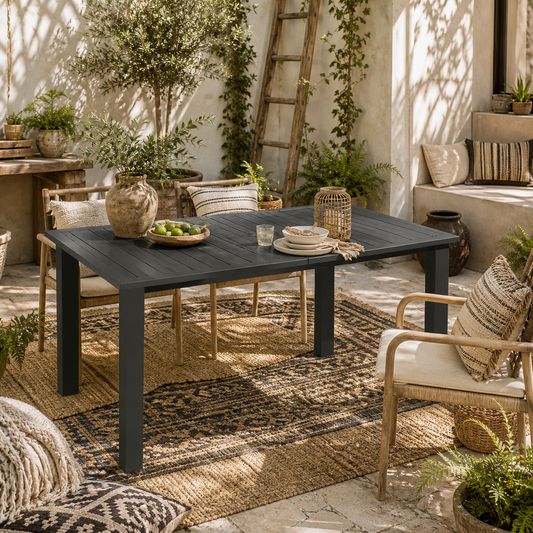Diranovi Metal Black Rectangular Outdoor Dining Table With Slatted Top And Parasol Hole For 6
