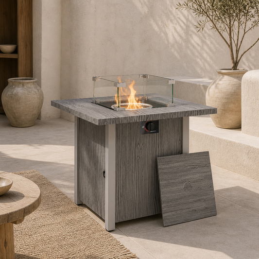 Lenefa Steel Grey Wood Effect Outdoor Gas Fire Pit Table