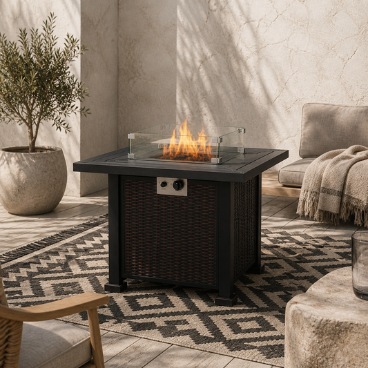 Tafiyo Rattan Effect Black and Brown Square Propane Gas Fire Pit Table