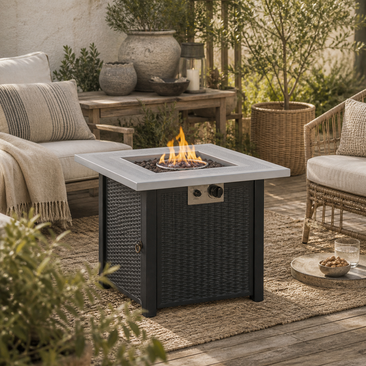 Elmosu Steel And Resin Black And Grey Square Gas Fire Pit Table